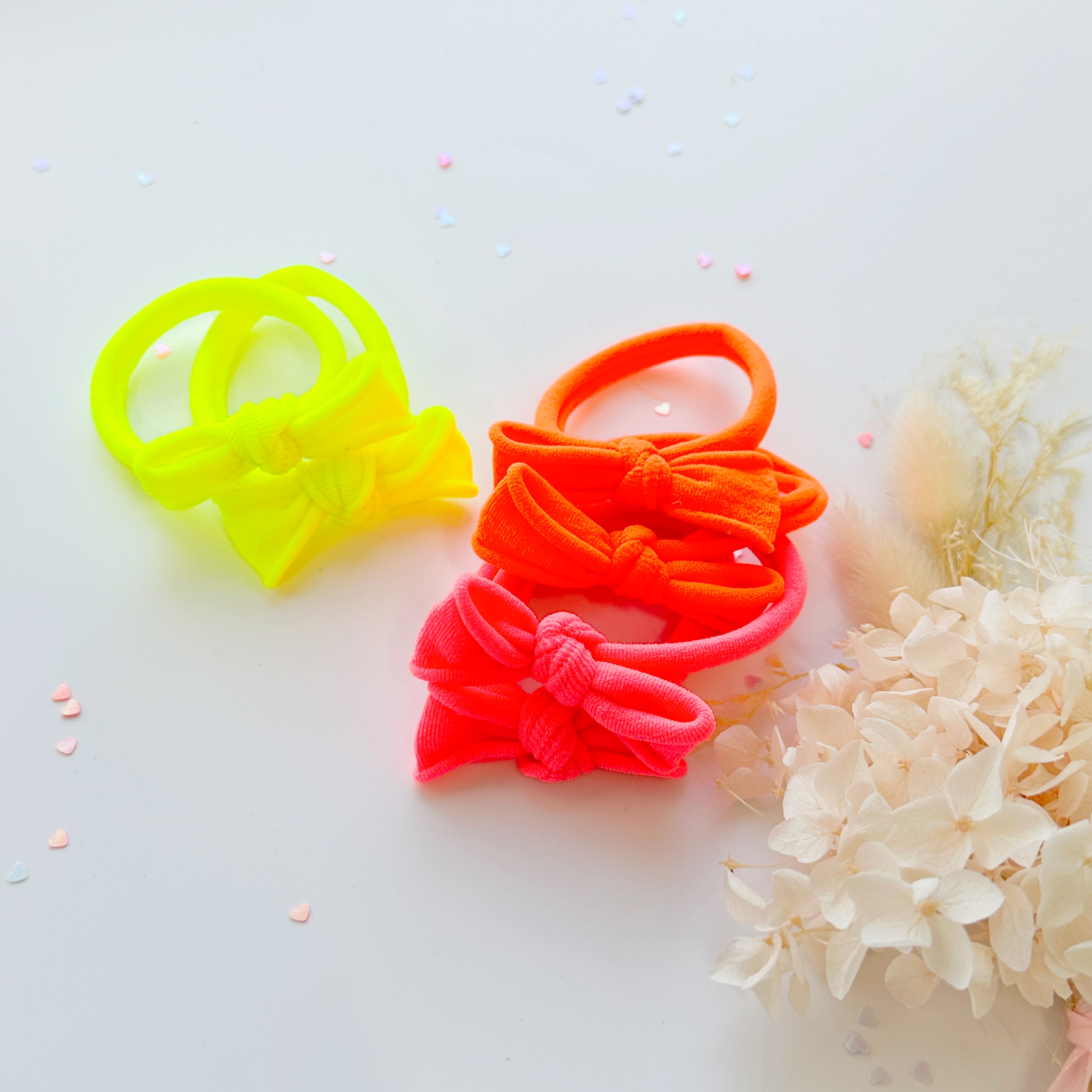 Handmade Simple Bow metal free hair ties - Neon - 1 Pairs - Neon Yellow